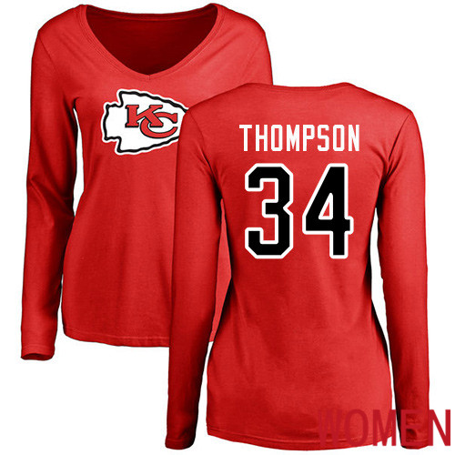 Women Football Kansas City Chiefs #34 Thompson Darwin Red Name and Number Logo Slim Fit Long Sleeve T-Shirt->nfl t-shirts->Sports Accessory